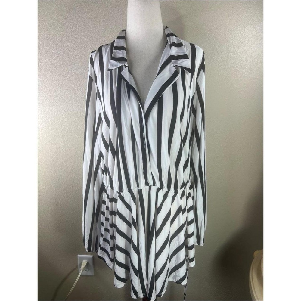 Ups & Downs Womens 3X Black White Striped Long Sleeve Tunic Blouse SC6200X